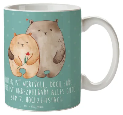 Produktbild von Mr. & Mrs. Panda Tasse 7. Hochzeitstag Kupferhochzeit - Meeresbrise - Geschenk, romantische Geschenke, Teetasse, Heirat, Zitat, Ehefeier, Heiraten, Kaffeebecher, Becher
