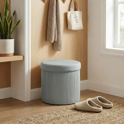 Produktbild von Runde klappbare Aufbewahrungsbank mit Samtsitz, 35 L Stauraum, Ø38x38 cm, Grau