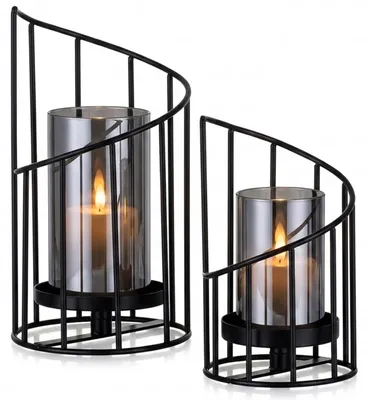 Produktbild von Relaxdays Windlicht 2er Set, Glaszylinder mit Metallgestell, 2 Größen, für Stumpenkerzen, Tischdeko, transparent/schwarz