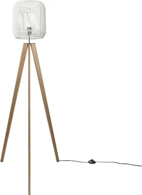 Produktbild von Stehlampe Modern Wohnzimmer Schlafzimmer Rattan Optik Boho Korb Stehleuchte E27 Lampenschirm Weiß (Ø28 cm) Lampenfuß Stehleuchte Holz