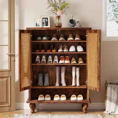 Image de Armoire à chaussures en rotin - Rangement à chaussures - Boîte à chaussures - Étagère à chaussures - Grande capacité : 25 paires