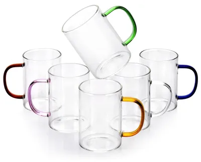 Obrázek produktu pro Glazenset 320 ml – Sklenice na vodu – Sklenice na kávu – Sklenice na džus – Sada 6 kusů – Barevné madlo – Borosilikátové sklo – Sklenice na nápoje