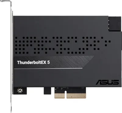 A black ASUS ThunderboltEX 5 expansion card is shown against a white background.