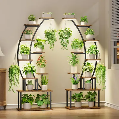 Image de Étagère d'intérieur pour plantes avec lampes de culture, étagère métallique à 9 niveaux, hauteur de 162,6 cm, support pour plantes d'intérieur, plusieurs grandes étagères incurvées, lot de 2