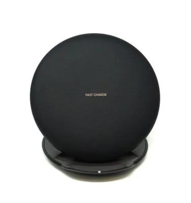 A black wireless charging pad is shown against a white background.