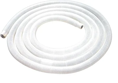 A coiled white flexible hose on a white background.