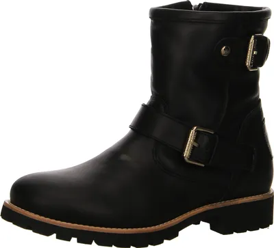 A black leather boot with buckles on a white background.