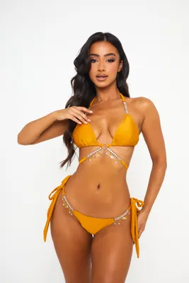 Produktbild von Moda Minx Bikini-Hose Seychellen Seestern mit seitlicher Bindung und funkelnden Anhängern Mustard XL