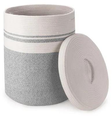 Immagine prodotto di Cesto per la biancheria con coperchio, capacità 58 litri, corda di cotone, colore grigio, dimensioni 38x50 cm