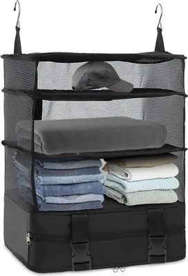 Produktbild von 3 Schicht Koffer Organizer zum Aufhängen Packwürfel Kompression Faltbar Handgepäck Organizer für Reisen Oxford 3 Schicht Kompressionstaschen Packwürfel für Koffer und Reisegepäck Großer Haken Schwarz