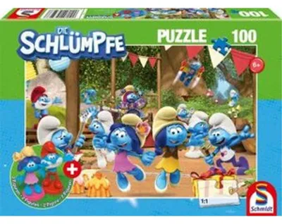 Image de 100 pièces Schmidt Spiele Kinder Puzzle Les Schtroumpfs Fête des Schtroumpfs + 2 figurines 56523