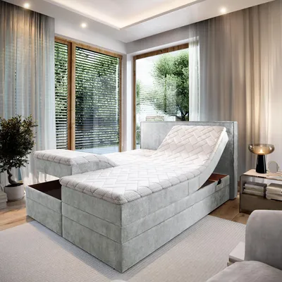 A bedroom scene with a bed and large windows.