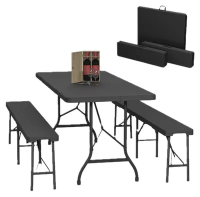 Obrázok produktu pre Relaxdays Skladací pivný set, 3-dielna súprava s veľkým stolom, do záhrady, set do slávnostného stanu, 180 cm, čierny