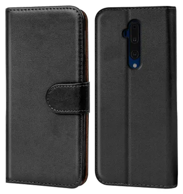 A black flip case for a smartphone is shown from two angles, front and back.