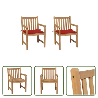 Produktbild von The Living Store Gartenstühle 2 Stk. mit Roten Kissen Massivholz Teak