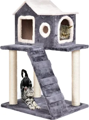 A cat tree with two cats on it, one stretching and one inside a cubby.