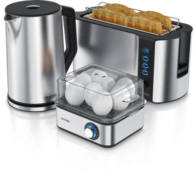 A breakfast set including a kettle, toaster, and egg cooker, displayed on a white background.