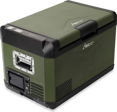 A green and black portable electric cooler/refrigerator.