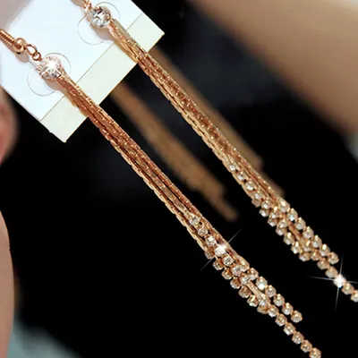 Produktbild von Frauen Perle Strass Party Hochzeit Tropfen Kette Quasten Haken Lineare Ohrringe-Golden