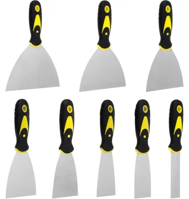 Zdjęcie produktu dla Zestaw szpachli, 8 sztuk, ze stali nierdzewnej z plastikowymi uchwytami, odporne na korozję, szerokość od 25 do 150 mm