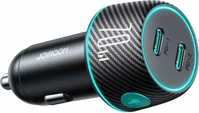 A black car charger with two USB-C ports and a carbon fiber pattern.