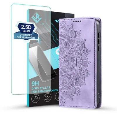 Produktbild von Mandala Handyhülle für Samsung Galaxy A18 / A18 5G RFID Schutz Klapphülle Case Cover Design Schutzhülle mit 9H Displayglas Farbe: Violett