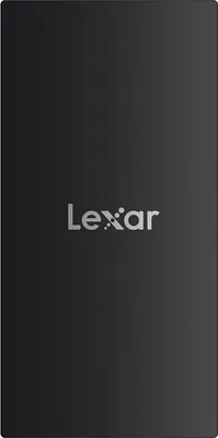 A black Lexar external SSD with the Lexar logo in the center.