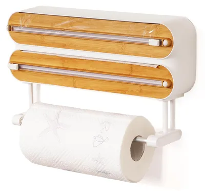 Produktbild von 3-in-1-Spender für Frischhaltefolie mit Schneidevorrichtung, Küchenrollenhalter mit Papierhandtuchhalter, Aluminiumfolienspender und Frischhaltefolienhalter, bohrfreier Küchenrollenhalter, wandmontierter Küchenrollenhalter