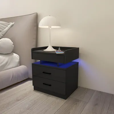 Image de Table de nuit avec éclairage LED avec 2 tiroirs 52,5x45x35cm noir