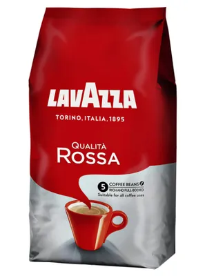A bag of Lavazza Qualità Rossa coffee beans with a red coffee cup.
