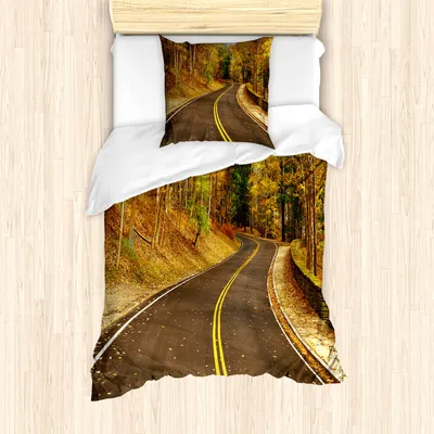 Produktbild von ABAKUHAUS Fallen Bettbezug Set für Einzelbetten, Herbst Landschaft Fahrbahn, Milbensicher Allergiker geeignet mit Kissenbezug, Mehrfarbig
