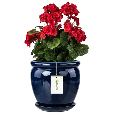 Produktbild von Blumentopf Blumenübertopf Dunkelblau Blumenschale mit Untersetzer Rund DxH 280 mm x 305 mm Oberfläche Glanz Keramik Modern Glamour