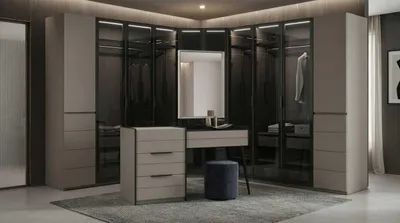 Image de Armoire miroir, table de maquillage, beige, noir, design moderne, élégant, avec éclairage LED