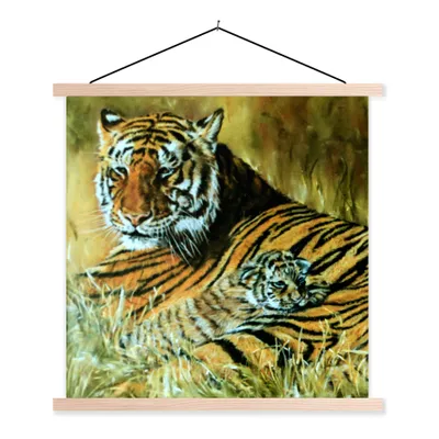 Produktbild von MuchoWow® Textilposter Ölgemälde Tiger und ihr Junges 60x60 cm mit holzfarbenen Rahmen - Wanddekoration