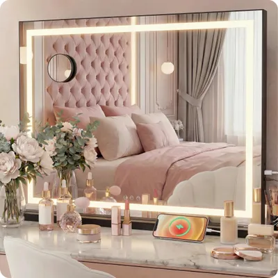 Zdjęcie produktu dla Lustro do makijażu czarne make-up 70x55cm LED barwa światła lusterko X10