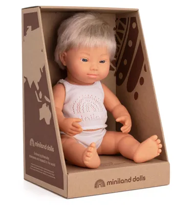 Productafbeelding van Miniland-poppen: Europese baby-pop, jongen, blond, met Downsyndroom, gemaakt van zacht materiaal