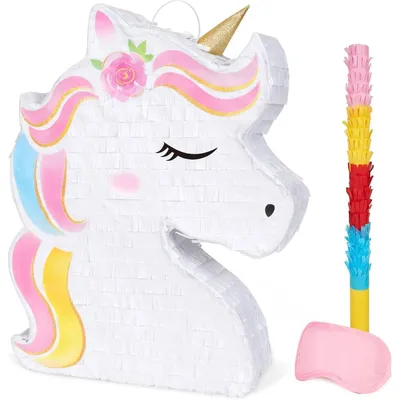 Produktbild von Einhorn Pinata mit Augenbinde und Schlagstock Rosa Regenbogen 40 x 31 x 8 cm