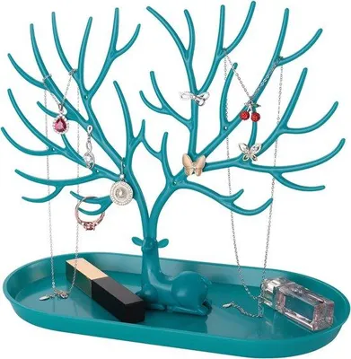 Produktbild von Unyqoos® 2‑in‑1 Schmuckständer aus Kunststoff – Schmuckbaum mit Ohrsteckerhalter & Ablage (Kettenhalter bis 20 cm, 10 Löcher) für Ohrringe, Ketten, Armbänder, Ringe, Uhren