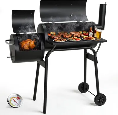 Produktbild von 2-in-1 Holzkohlegrill & Smoker - Grillwagen - Holzkohlegrill mit Räucherfunktion - porzellanemaillierter Stahl - Grillfläche 60 x 26,5 cm - Schornstein, Thermometer, 2 Räder