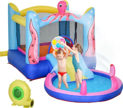 Zdjęcie produktu dla Dmuchany zamek dmuchany Outsunny ze zjeżdżalnią, zamek sprężynowy, zamek do zabawy, park wodny dla dzieci, nadmuchiwana trampolina, zjeżdżalnia wodna, basen dla dzieci w wieku 3-8 lat, wzór ośmiornicy, tkanina Oxford, 360 x 175 x 180 cm