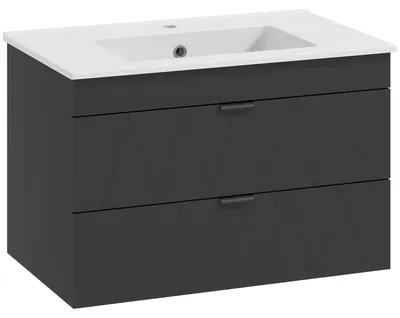 Produktbild von Waschbeckenunterschrank hängend mit Keramikbecken, Badunterschrank Soft-Close, Waschtischunterschrank MDF, Schwarz | 76x46x50 cm | 21,5 kg