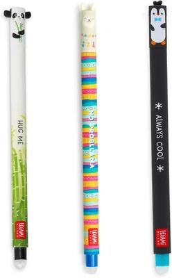 Produktbild von Gelstifte – Set mit 3 Stück – Radierbare Thermotinte – 0,7 mm Spitze – Verschiedene Motive – Panda, Lama und Pinguin