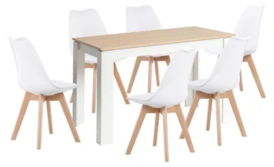 Immagine prodotto di Tavolo da pranzo rettangolare in legno di quercia e bianco, con 6 sedie. Dimensioni: 120 cm