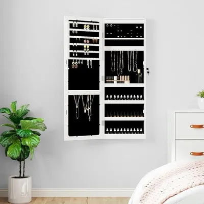 Produktbild von Spiegel-Schmuckschrank mit LED-Beleuchtung weiß aus Holzwerkstoff 37,5 x 10 x 106 cm abschließbar mit rahmenlosem Spiegel für Wandmontage in Bad, Schlafzimmer, Flur