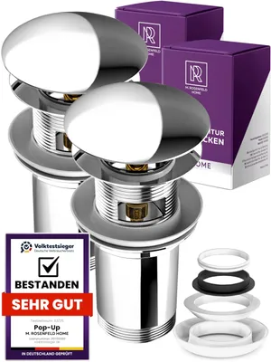 Produktbild von M. ROSENFELD HOME Ablaufgarnitur Waschbecken 1 1/4" – Push Open Pop Up Ablaufventil für Waschtisch, Waschbeckenablauf & Abflussgarnitur mit & ohne Überlauf, Waschbecken Zubehör