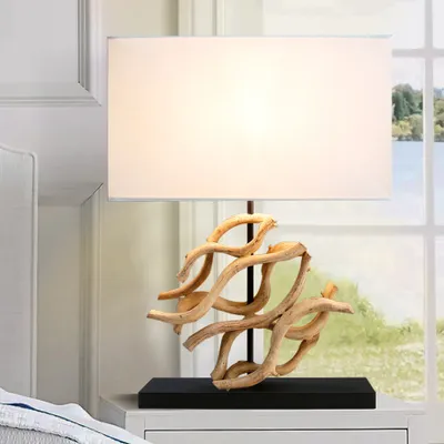 Produktbild von riess-ambiente Design Tischlampe WAVE 60cm natur Massivholz weiß Baumwollschirm Tischleuchte Lampe