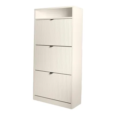 A white shoe cabinet with three doors and black handles is shown against a white background.