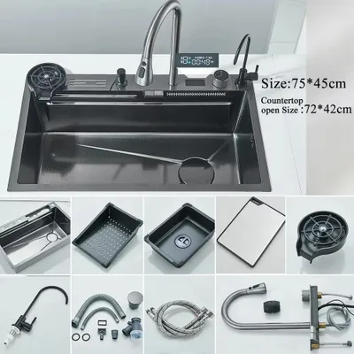 Immagine prodotto di Lavello da cucina in acciaio inossidabile con miscelatore a cascata, display integrato e dispenser per sapone, dimensioni 75x45 cm