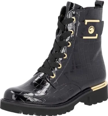 A black patent leather boot with a crocodile texture, black laces, and gold accents.