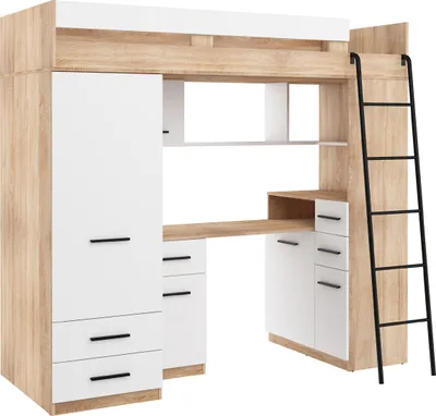 Produktbild von Hochbett SMYK R Etagenbett Schlafzimmer-Sets Schreibtisch Kleiderschrank Regal Sonoma Eiche Weiß
